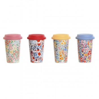 Чашка с крышкой DKD Home Decor Разноцветный Цветы 400 ml (4 штук)