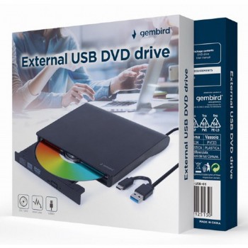 Внешний рекордер GEMBIRD DVD-USB-031 DVD-R 8x, DVD-R DL 6x, DVD-RW 6x, DVD-RAM 5x, DVD+R 8x, DVD+R DL 6x, DVD+RW 8x, DVD M-DISC 